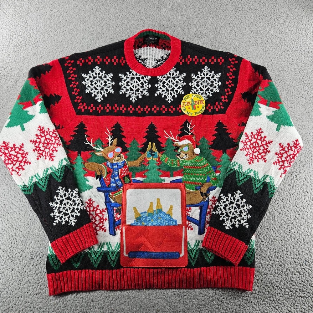 Blizzard Bay‎ Ugly Christams Sweater Mens Large Red Reindeer Drink Pouch Pocket